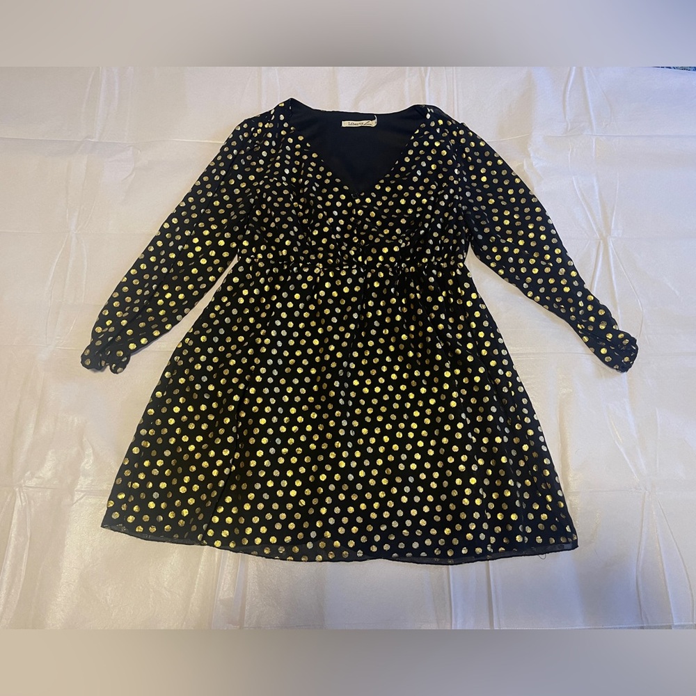 Liberty Love Womens Plus Size 1XL Boho black with gold dots Dress date night